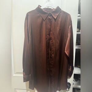White Fox M / L Satin Brown button up shirt collar long sleeve top blouse cocoa